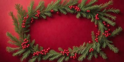 The primary subject of the image is a red background with a green wreath of berries and pine needles. The setting is a red cloth, and the visual style is a close-up of the wreath. The colors and mood of the image are warm and festive, with the red and green hues creating a sense of celebration.